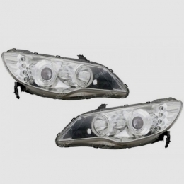Передняя оптика для Honda Civic SD (8G; 2006-2012) LED, Angel Eyes, DRL, галоген, эл. корректор,Chrome