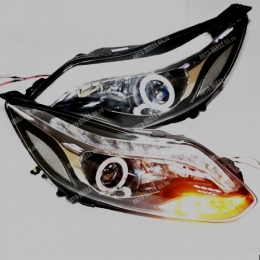 Передняя оптика для Ford Focus 3 (2011-) LED, Angel Eyes, под ксенон, корректор, Black