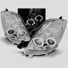 Передняя оптика для Toyota Yaris (2005-2011) LED, Angel Eyes, линза, Chrome 